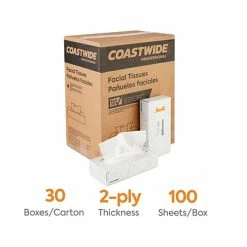 Cheapest 👏 2-Ply Facial Tissue Coastwide Professional™ Facial Tissue, 2-Ply, 100 Sheets/Box, 30 Boxes/Carton (CW57777) 🌟